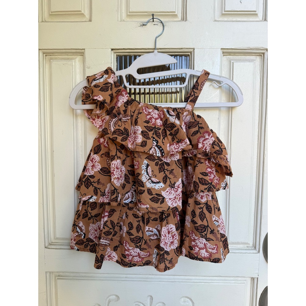 Janie and Jack Girls Brown Floral Butterfly Ruffle One Shoulder Top‎ Size 7